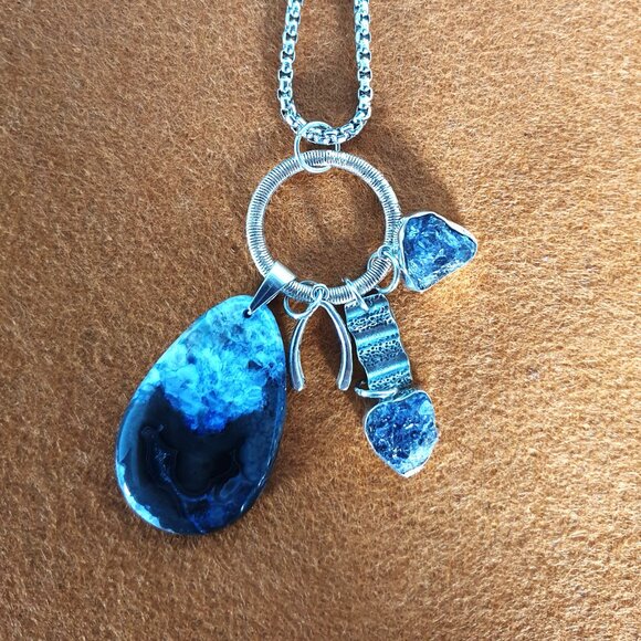 Bold Vintage ANDREA 925 Silver Blue Agate Dream Hope Trust Love Luck Necklace - Picture 5 of 15